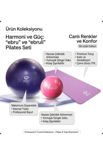Şallı Pilates Matı (8 Mm) - Mor+ Ebru Pilates Topu 20 Cm (Mor)+Ebru 65cm Mor Pilates Topu